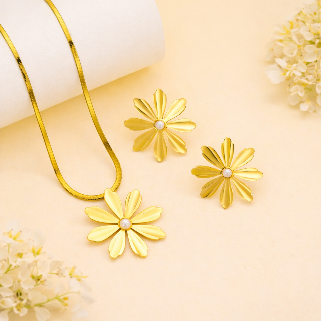 Anti-Tarnish Gold Floral Necklace & Earrings Set