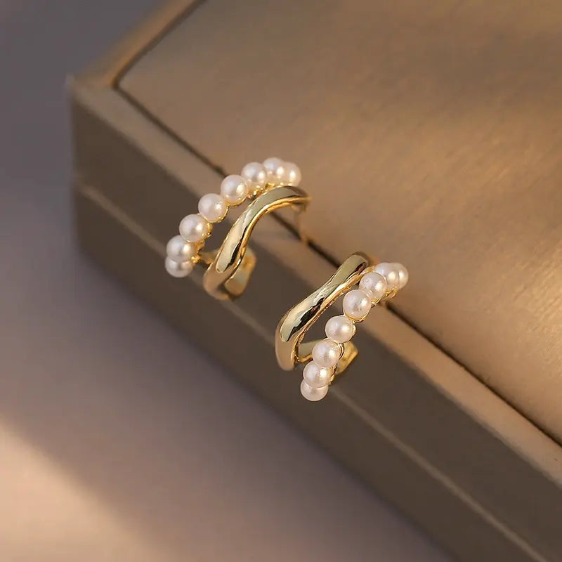 Elegant Dual Layer C Shape Pearl Hoop Earrings