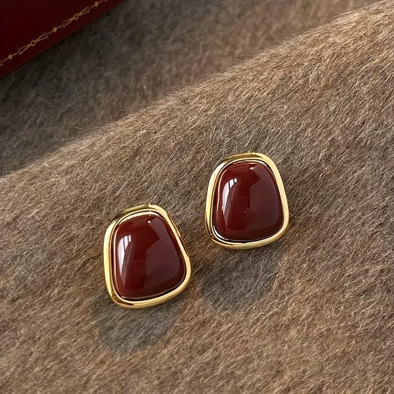 Gold Red Stone Stud Earrings
