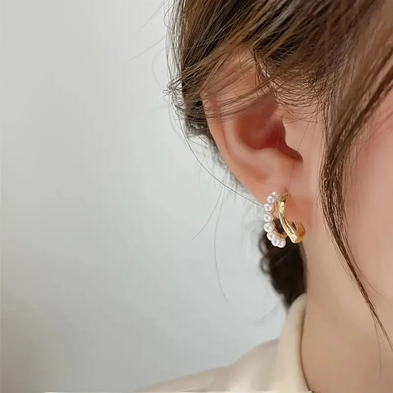 Elegant Dual Layer C Shape Pearl Hoop Earrings