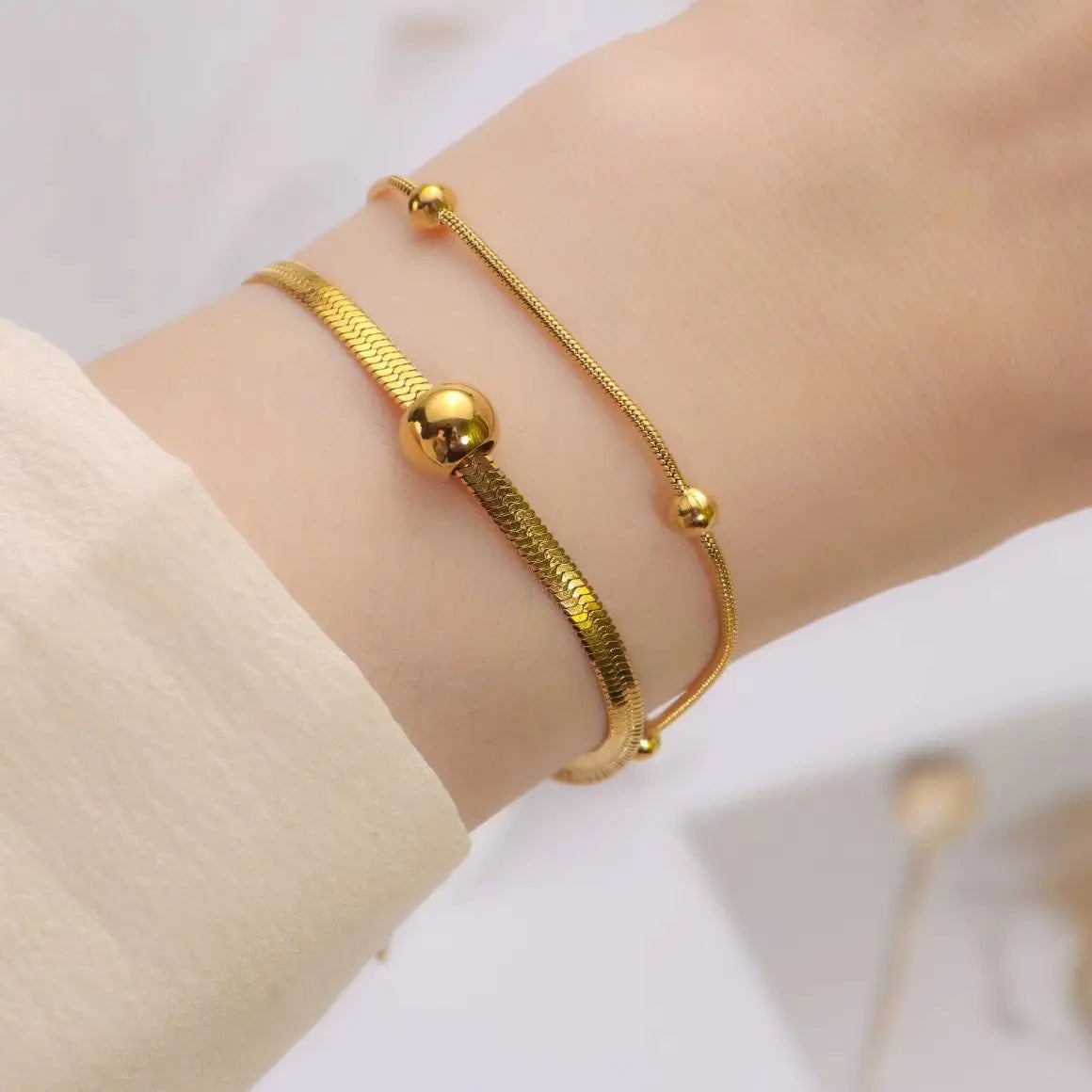 Double Layer Round Bead Snake Chain Bracelet