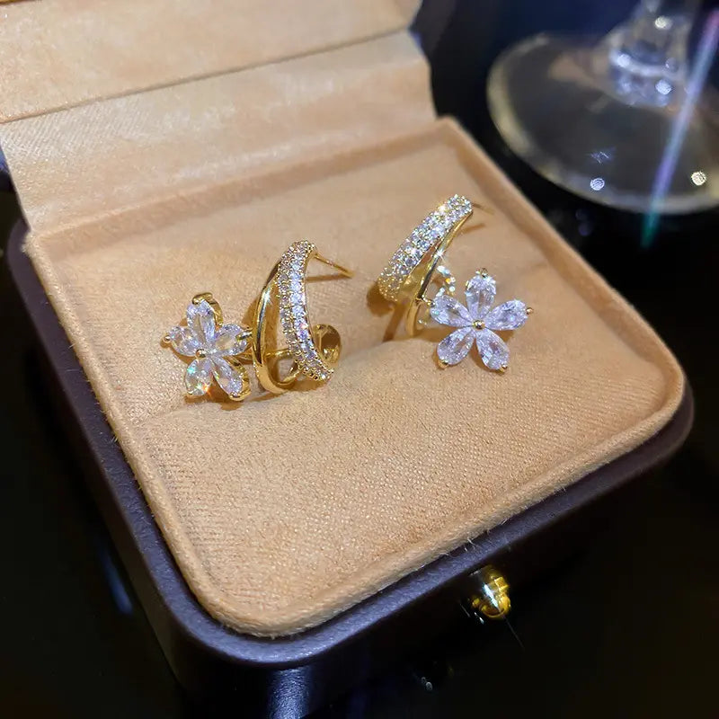 Micro Zircon Inlaid Crystal Flower Stud Earrings