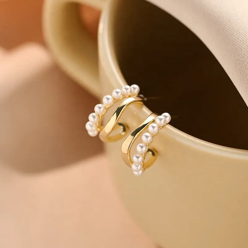 Elegant Dual Layer C Shape Pearl Hoop Earrings