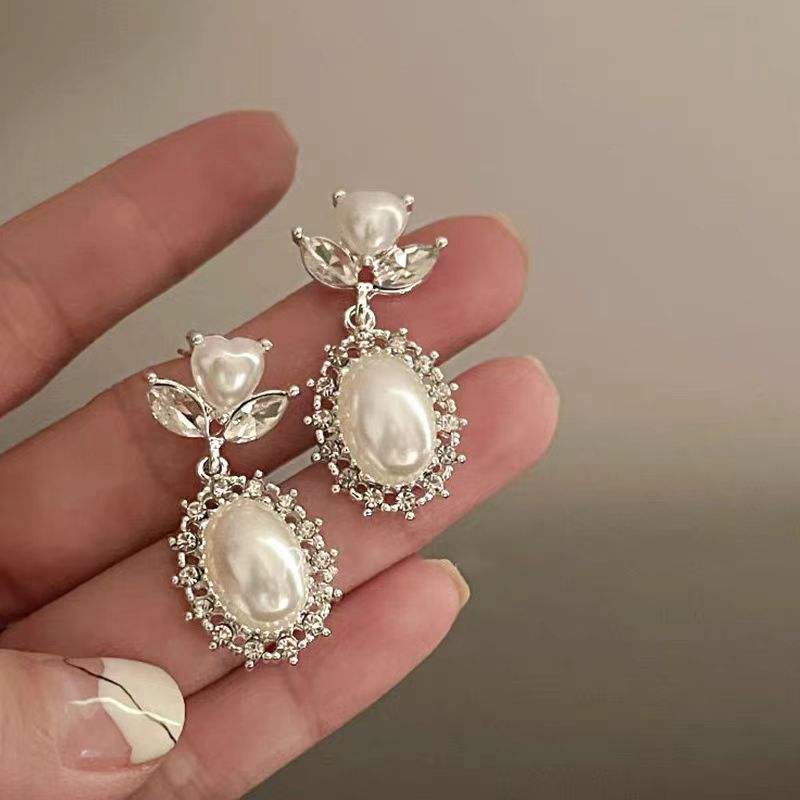 Pearl Crystal Floral Drop Earrings