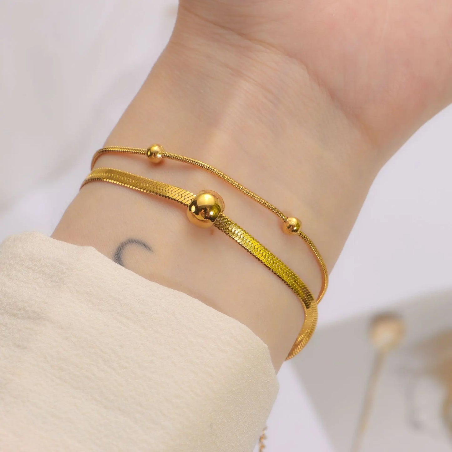 Double Layer Round Bead Snake Chain Bracelet
