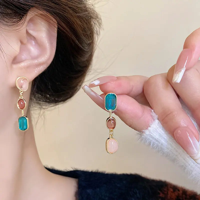 Asymmetrical Colored Gemstone Earrings - BlingVows - Best Imitation & Anti Tarnish Jewelry Wholesaler