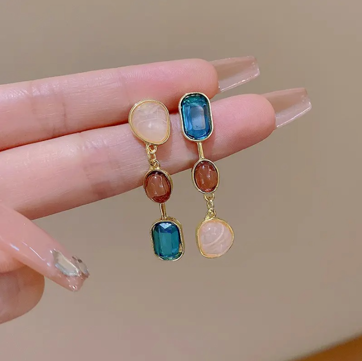 Asymmetrical Colored Gemstone Earrings - BlingVows - Best Imitation & Anti Tarnish Jewelry Wholesaler