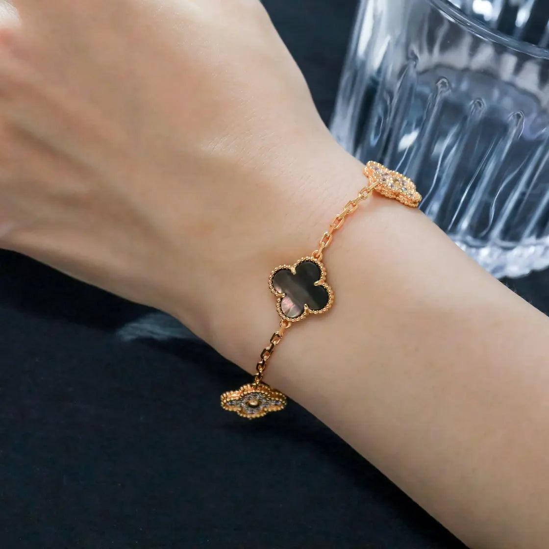 Black Four Leaf Clover Flower Bracelet with Stones - BlingVows - Best Imitation & Anti Tarnish Jewelry Wholesaler