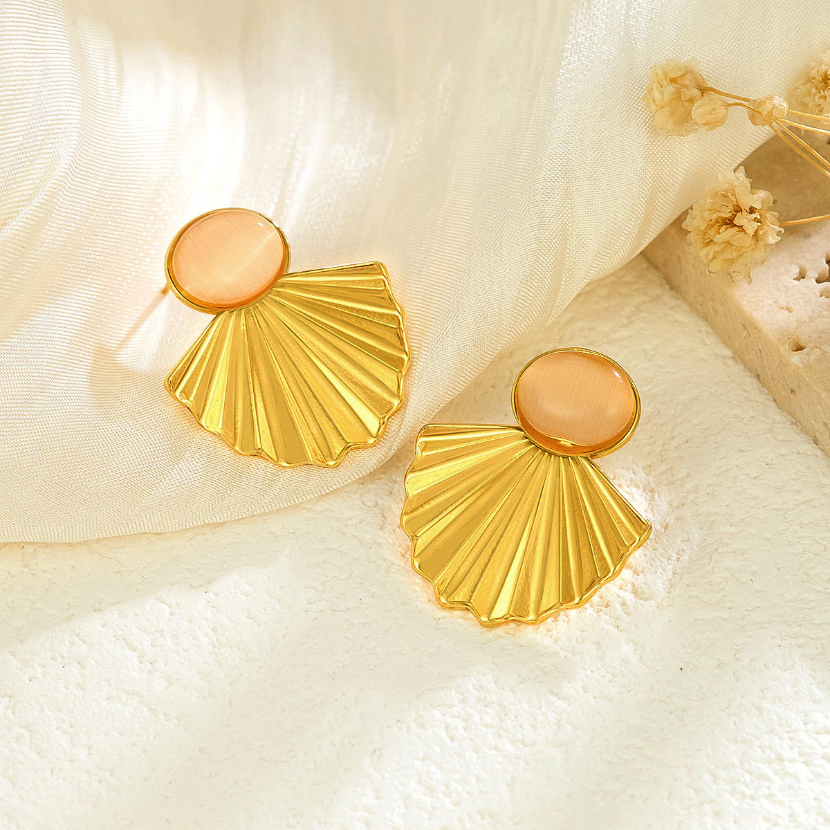 Gold Shell Statement Earrings with Orange Stone