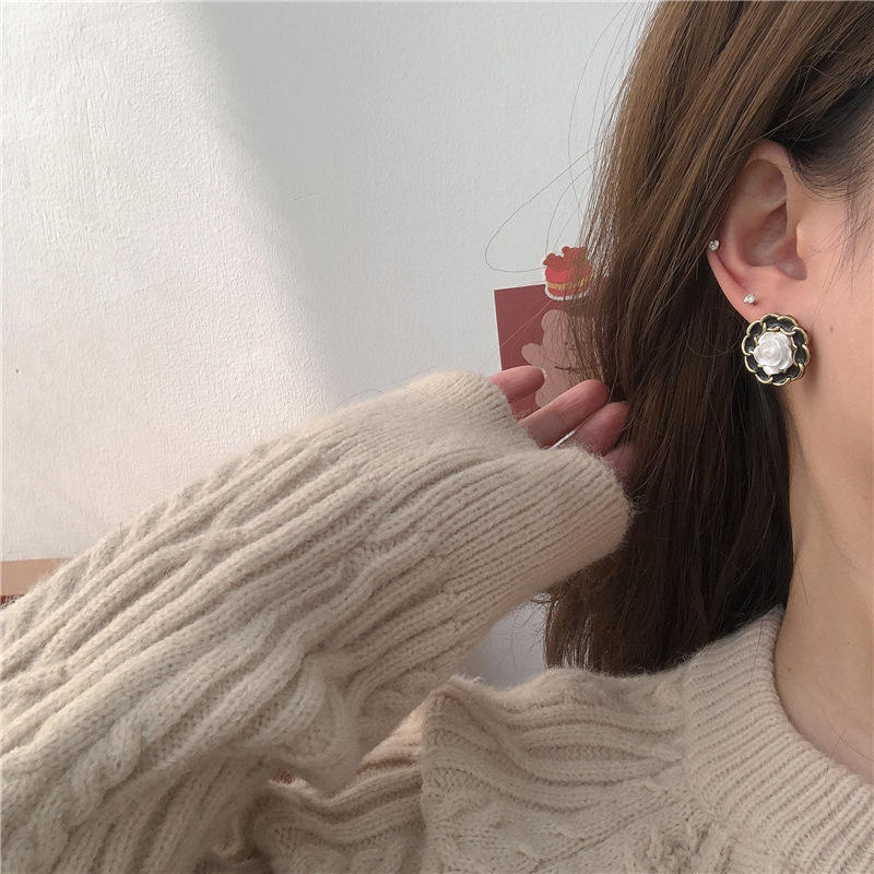 Black Enamel Rose Stud Earrings