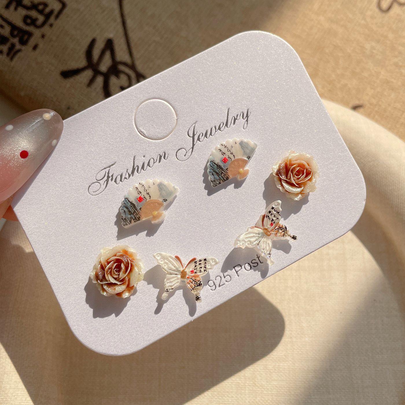 Vintage Rose & Butterfly Stud Earring Set (3 Pairs)