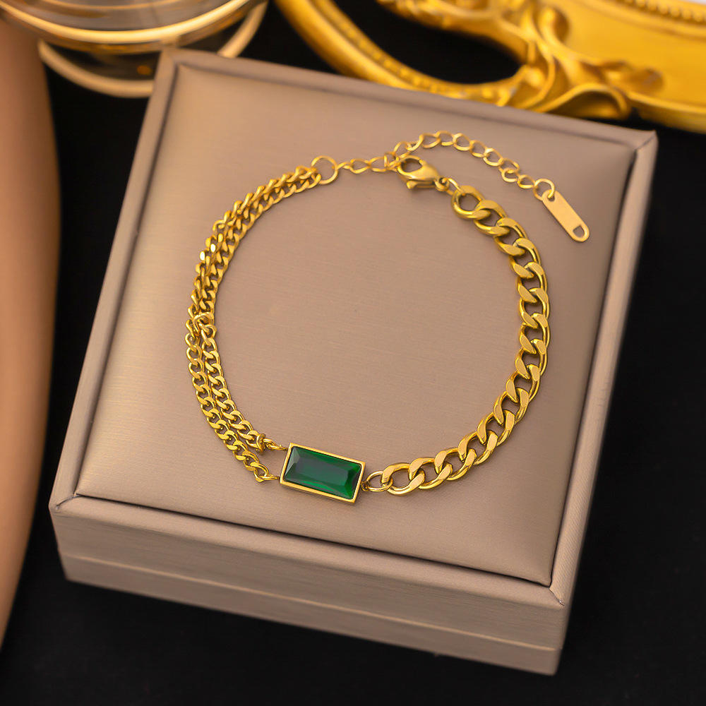 Gold Green Stone Link Chain Bracelet