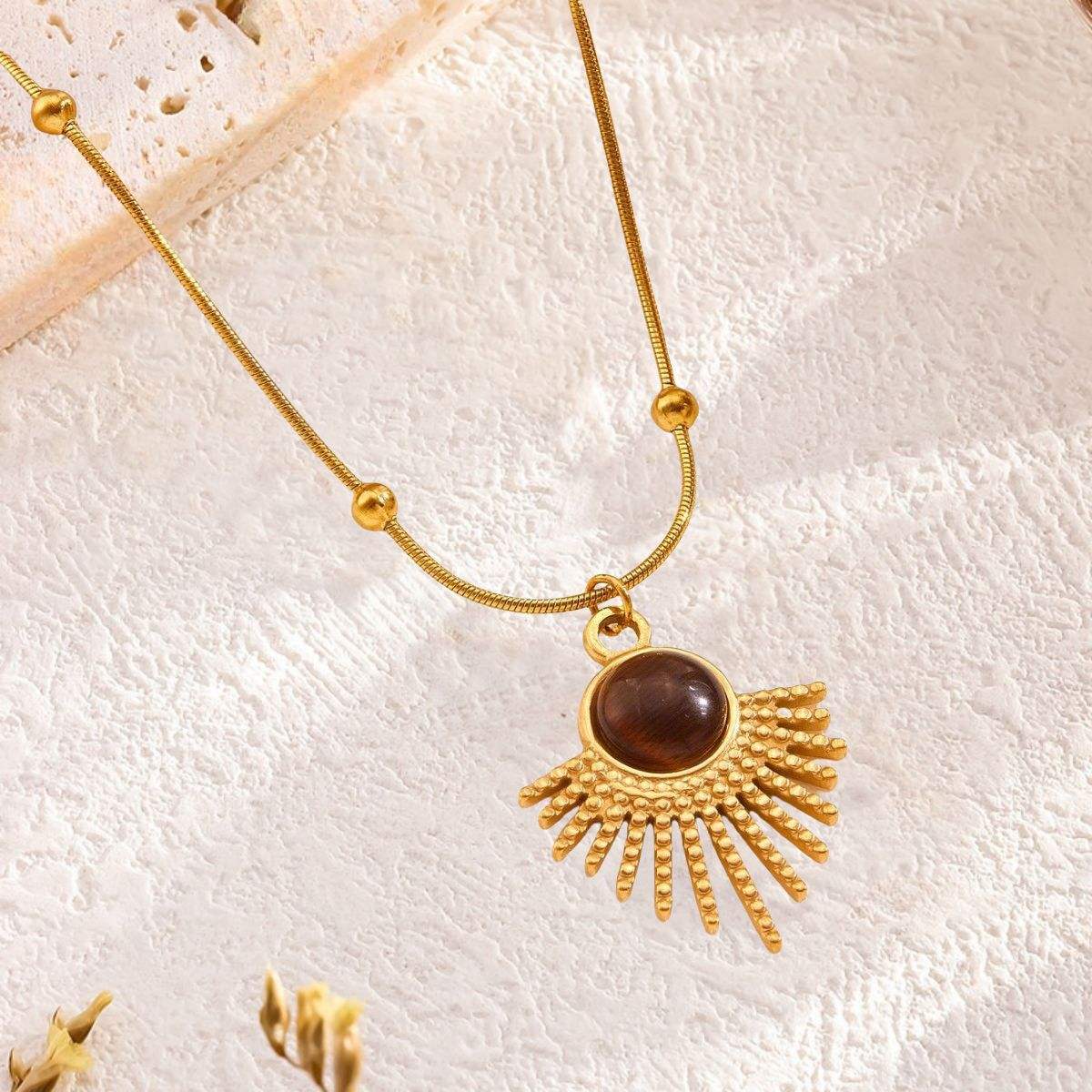 Gold Sunburst Stone Pendant Necklace