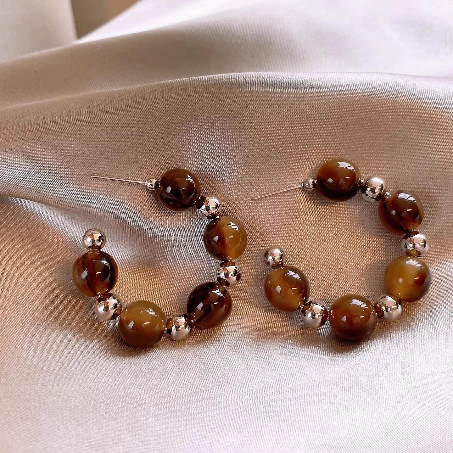 Brown Bead Hoop Earrings