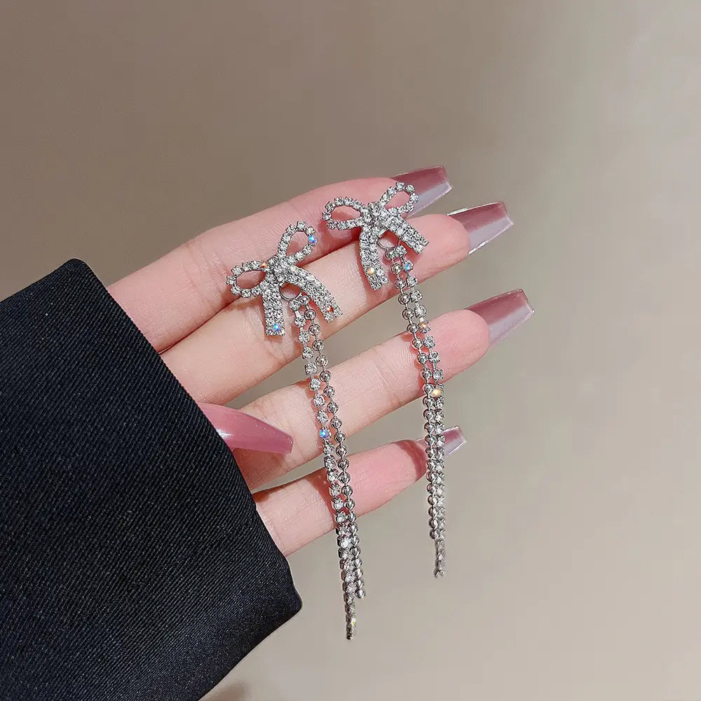 Crystal Bow Tassel Earrings - BlingVows - Best Imitation & Anti Tarnish Jewelry Wholesaler