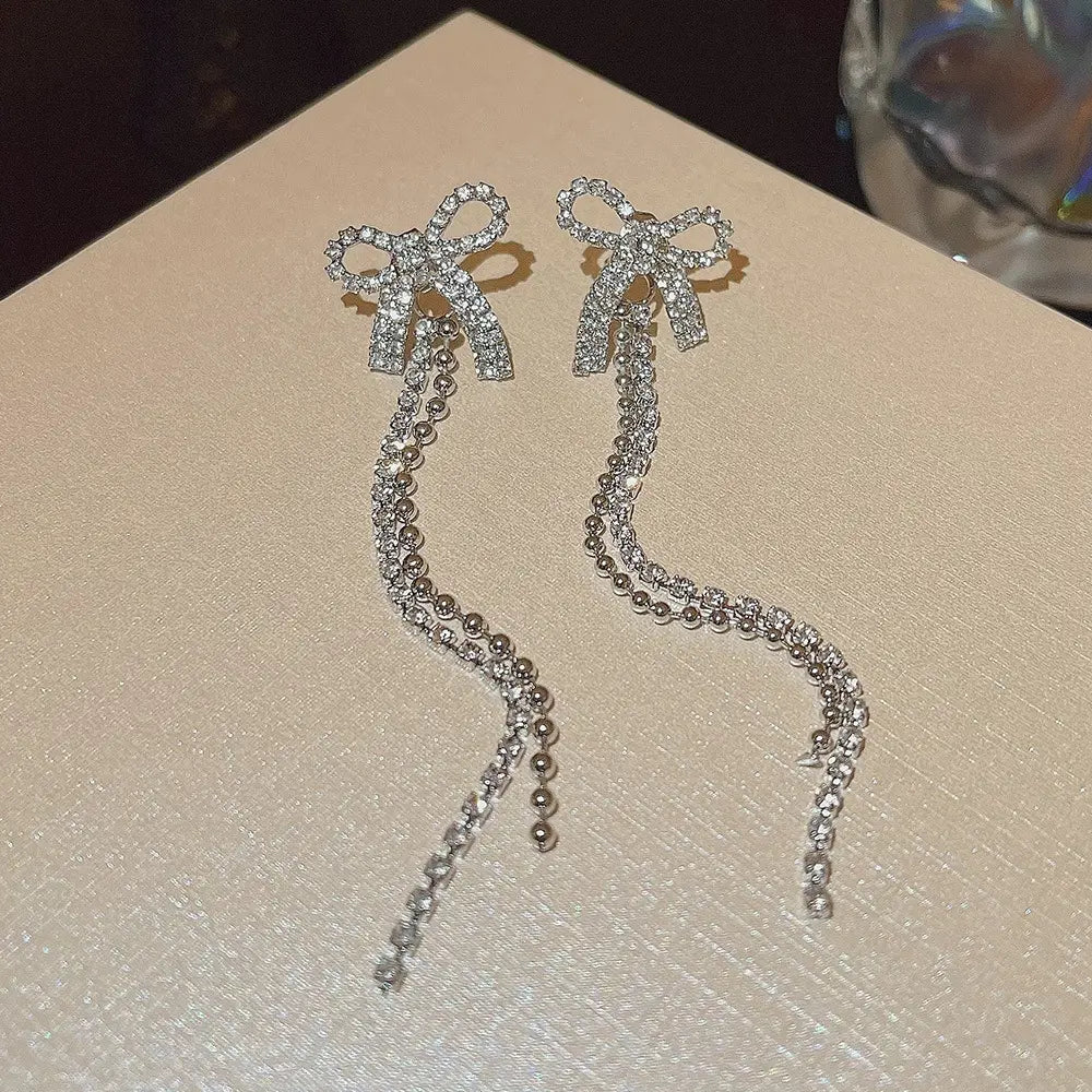 Crystal Bow Tassel Earrings - BlingVows - Best Imitation & Anti Tarnish Jewelry Wholesaler