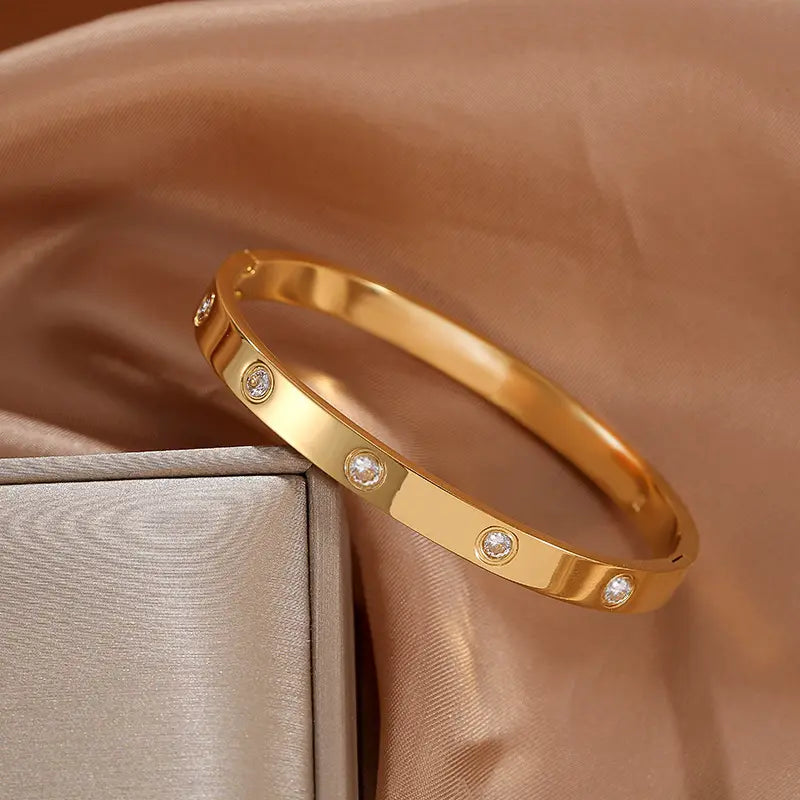 Crystal Studded Gold-Tone Hinged Bangle - BlingVows - Best Imitation & Anti Tarnish Jewelry Wholesaler