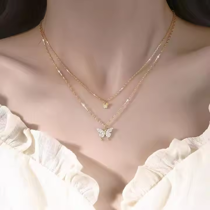 Double Layers Zircon Butterfly Pendant Necklace - BlingVows - Best Imitation & Anti Tarnish Jewelry Wholesaler