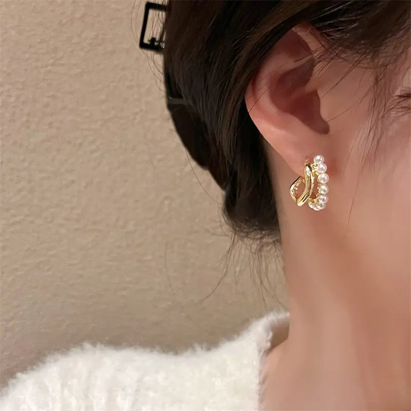 Elegant Dual Layer C Shape Pearl Hoop Earrings - BlingVows - Best Imitation & Anti Tarnish Jewelry Wholesaler