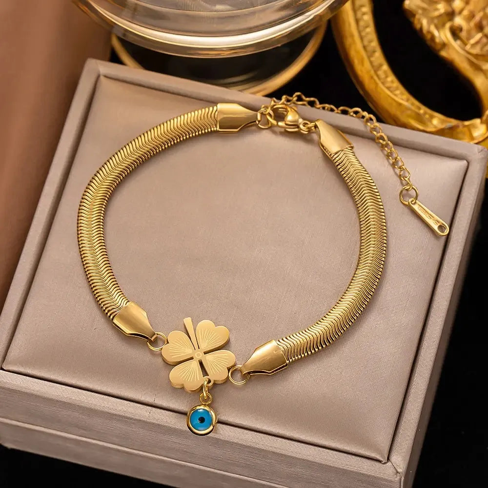 Evil's Eye Leaf Charm Snake Chain Bracelet - BlingVows - Best Imitation & Anti Tarnish Jewelry Wholesaler
