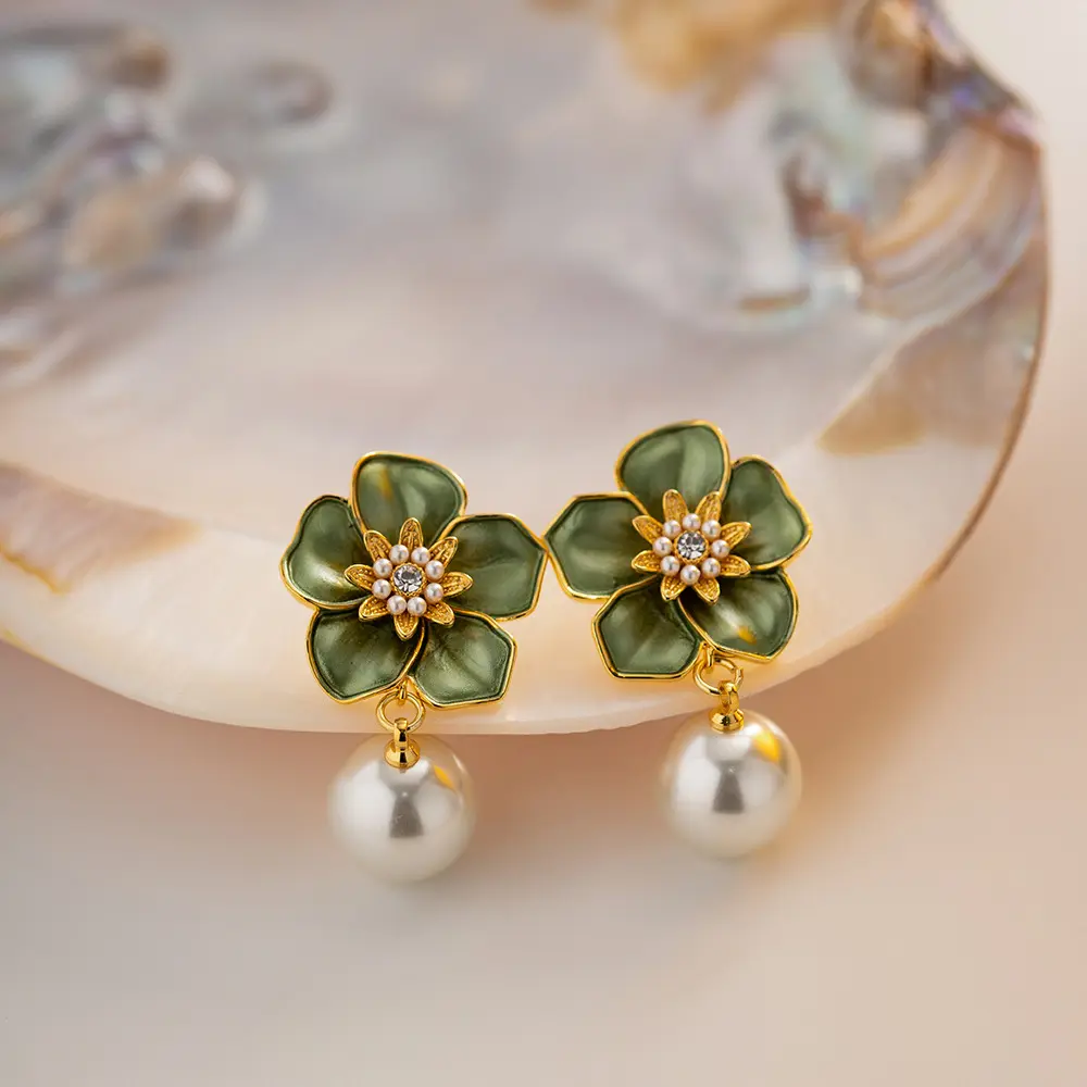 Floral Enamel Pearl Drop Earrings - BlingVows - Best Imitation & Anti Tarnish Jewelry Wholesaler