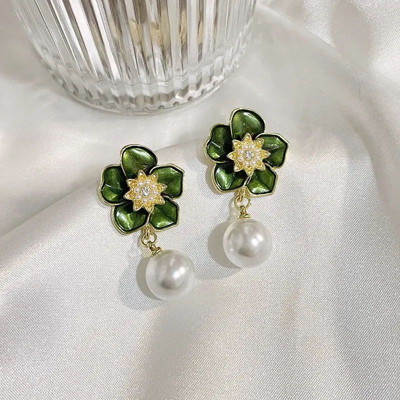 Floral Enamel Pearl Drop Earrings - BlingVows - Best Imitation & Anti Tarnish Jewelry Wholesaler