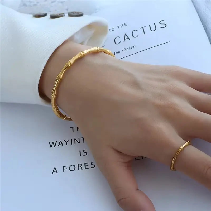 Gold Bamboo-Inspired Bangle Bracelet - BlingVows - Best Imitation & Anti Tarnish Jewelry Wholesaler