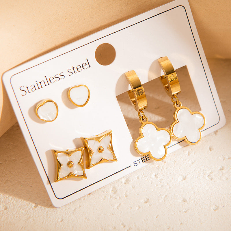 Golden Enamel Clover Earring Combo Set – Anti-Tarnish Stainless Steel - BlingVows - Best Imitation & Anti Tarnish Jewelry Wholesaler