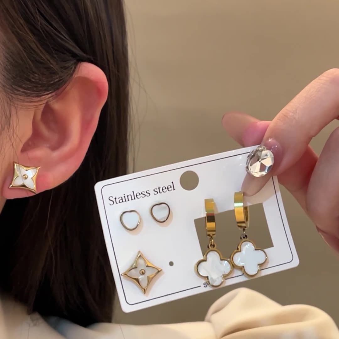 Golden Enamel Clover Earring Combo Set – Anti-Tarnish Stainless Steel - BlingVows - Best Imitation & Anti Tarnish Jewelry Wholesaler