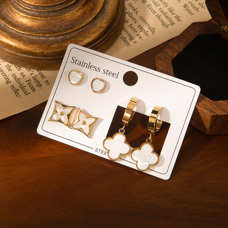 Golden Enamel Clover Earring Combo Set – Anti-Tarnish Stainless Steel - BlingVows - Best Imitation & Anti Tarnish Jewelry Wholesaler