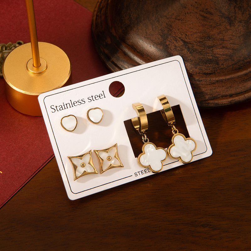 Golden Enamel Clover Earring Combo Set – Anti-Tarnish Stainless Steel - BlingVows - Best Imitation & Anti Tarnish Jewelry Wholesaler