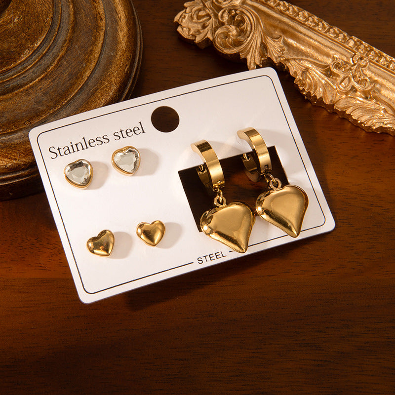 Golden Heart Trio Earring Combo Set – Anti-Tarnish Stainless Steel - BlingVows - Best Imitation & Anti Tarnish Jewelry Wholesaler
