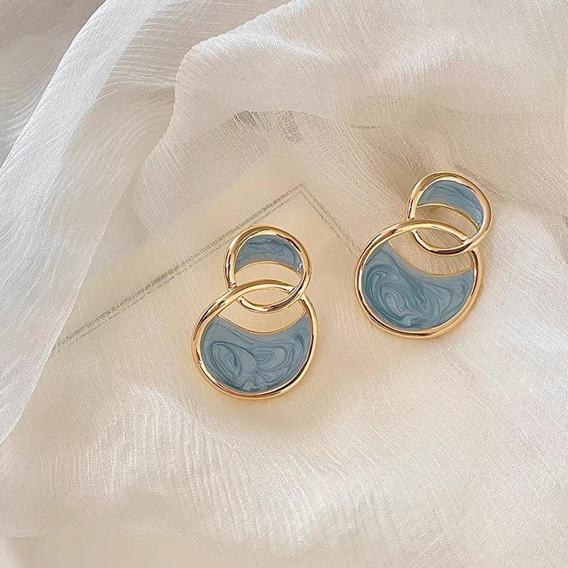 Blue Enamel Geometric Drop Earrings