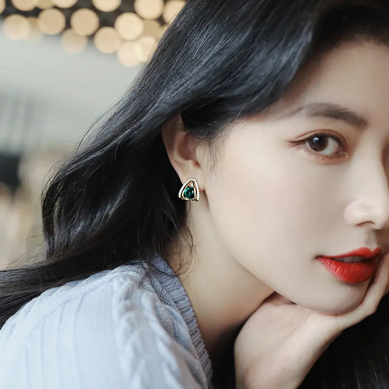 Green Stone Hollow Triangle Geometric Stud Earrings - BlingVows - Best Imitation & Anti Tarnish Jewelry Wholesaler