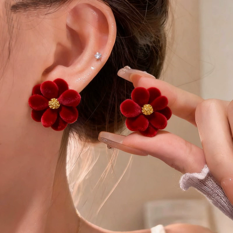 Korean Red Velvet Flower Stud Earrings