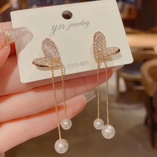 Pearl Crystal Heart Shaped Earrings - BlingVows - Best Imitation & Anti Tarnish Jewelry Wholesaler