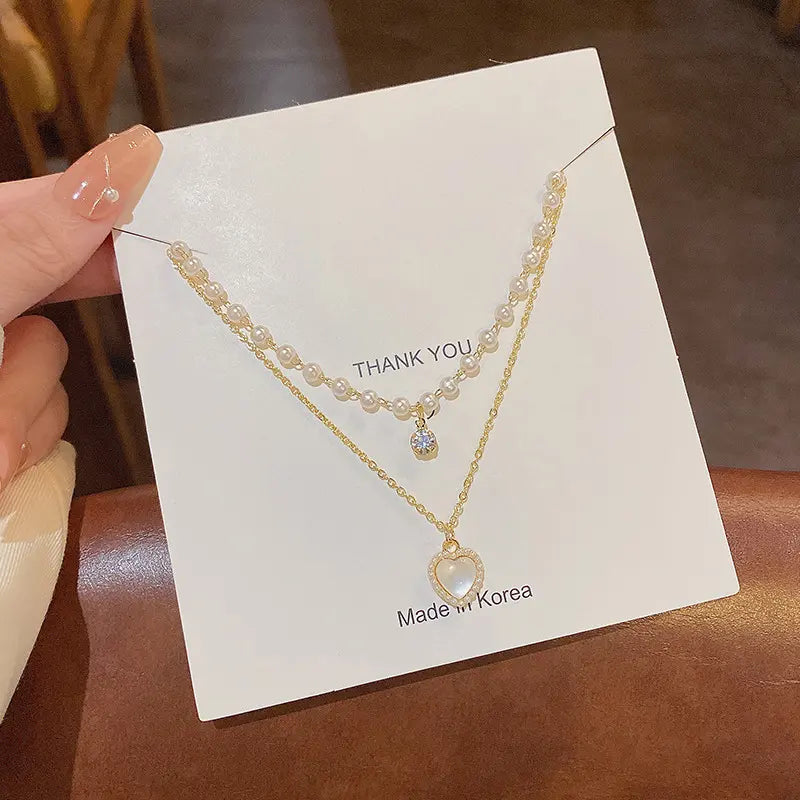Pearl Crystal Double Layer Love Pendant Necklace - BlingVows - Best Imitation & Anti Tarnish Jewelry Wholesaler