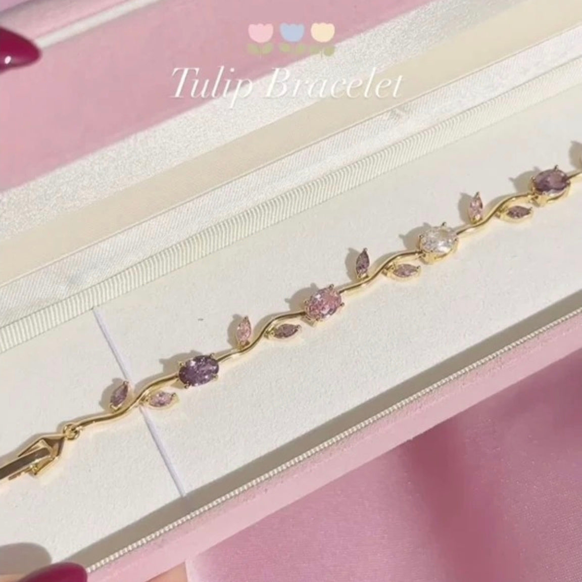 Pink Tulip Crystal Leaf Link Bracelet 316L