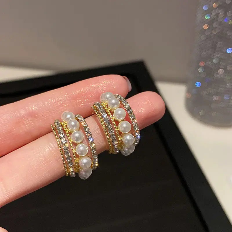 Triple Layer Pearl & CZ Statement Hoop Earrings - BlingVows - Best Imitation & Anti Tarnish Jewelry Wholesaler