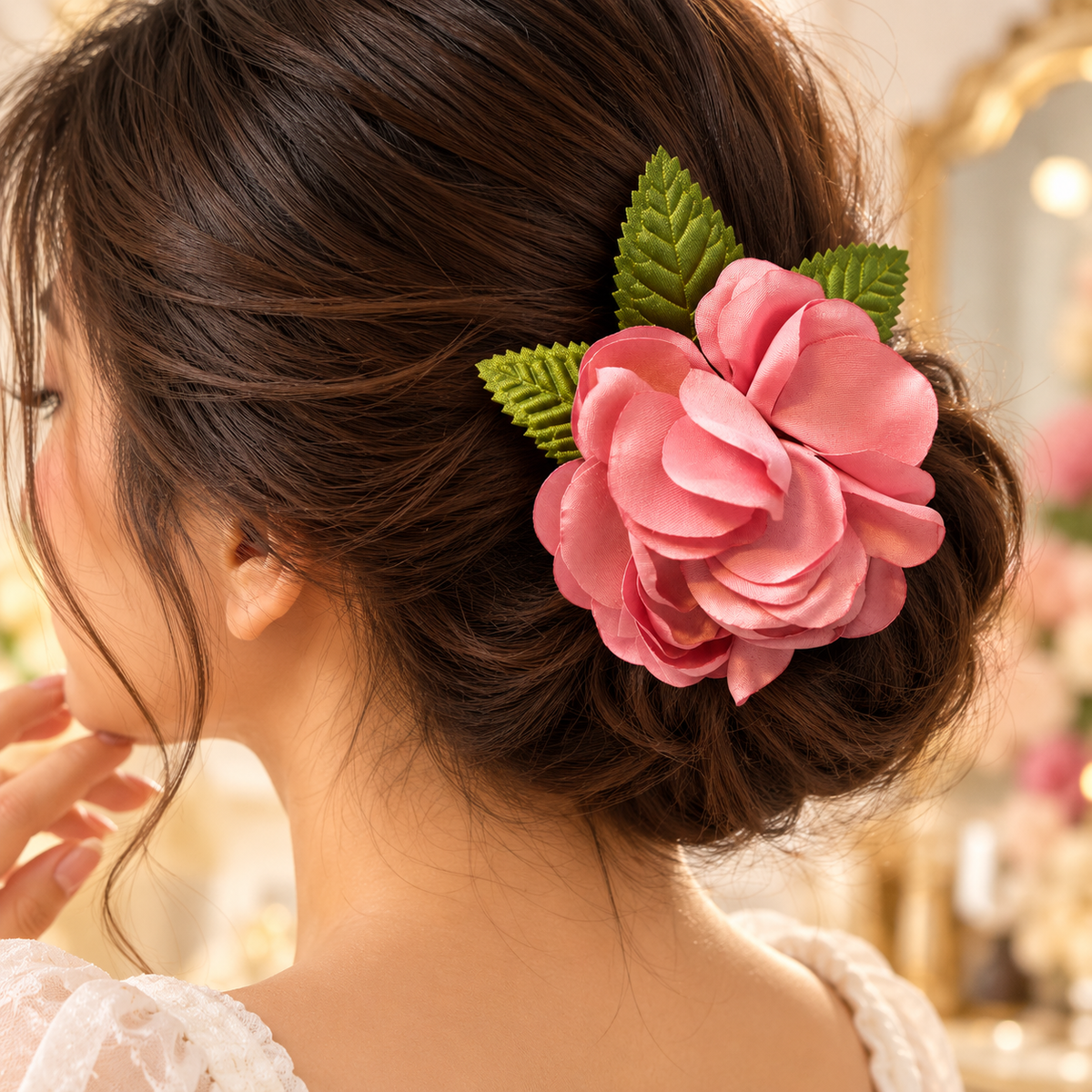 Pink Rose Flower Hair Clip with Leaf (Big Size)