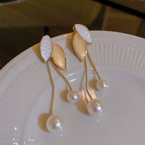 Vintage Leaf Pearl Drop Stud Earrings