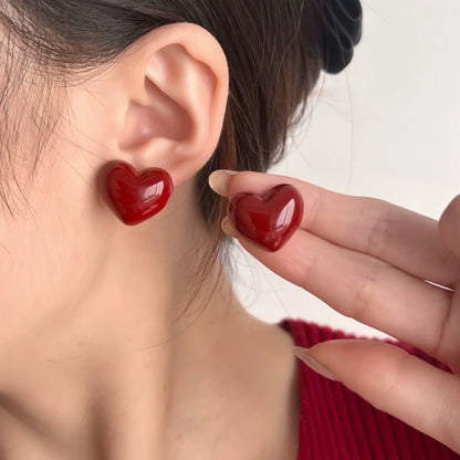 Glossy Red Heart Stud Earrings