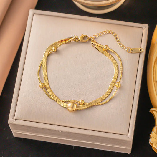 Double Layer Round Bead Snake Chain Bracelet