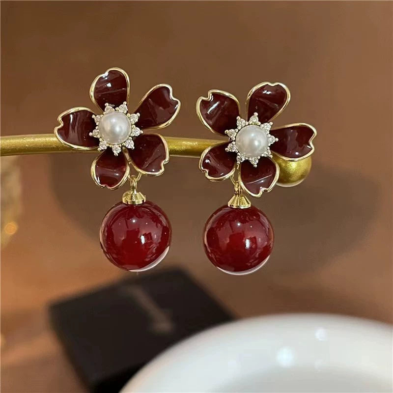 Vintage Pearl Cherry Flower Drop Earrings