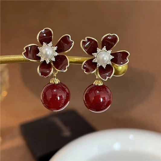 Vintage Pearl Cherry Flower Drop Earrings