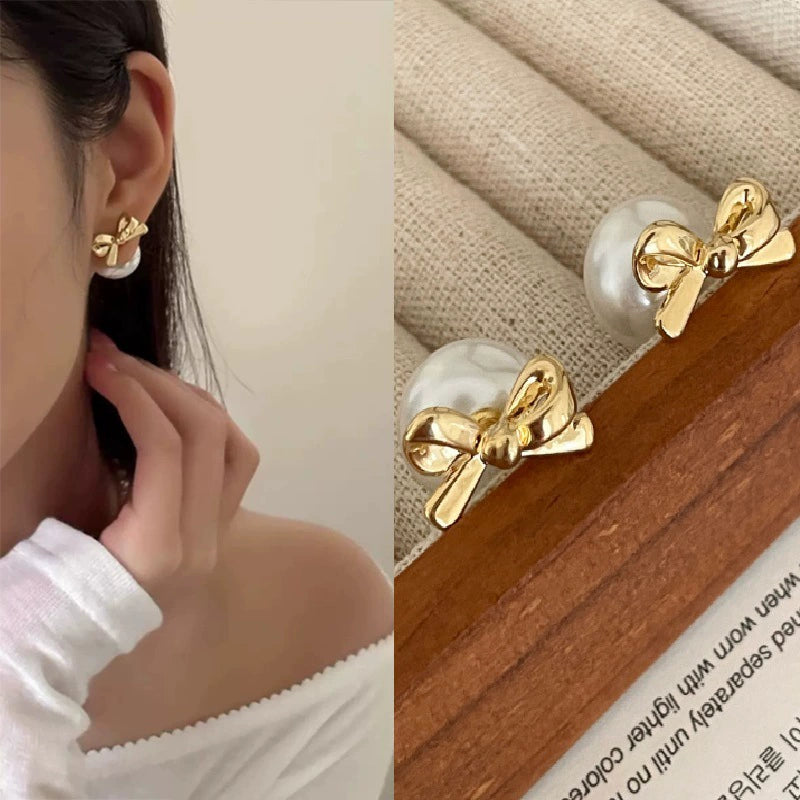 Pearl Bow Stud Earrings