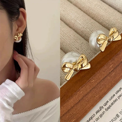 Pearl Bow Stud Earrings