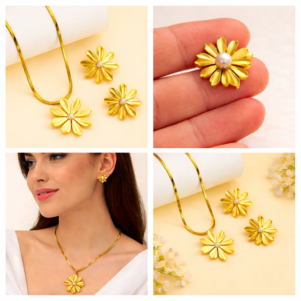 Anti-Tarnish Gold Floral Necklace & Earrings Set