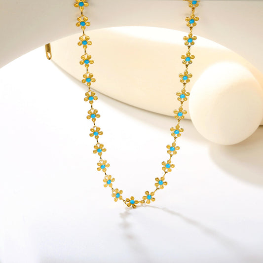 Turquoise Flower Chain Gold Necklace