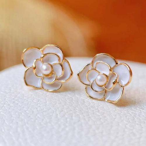 Pretty white camellia Flowers Stud Earrings for Women